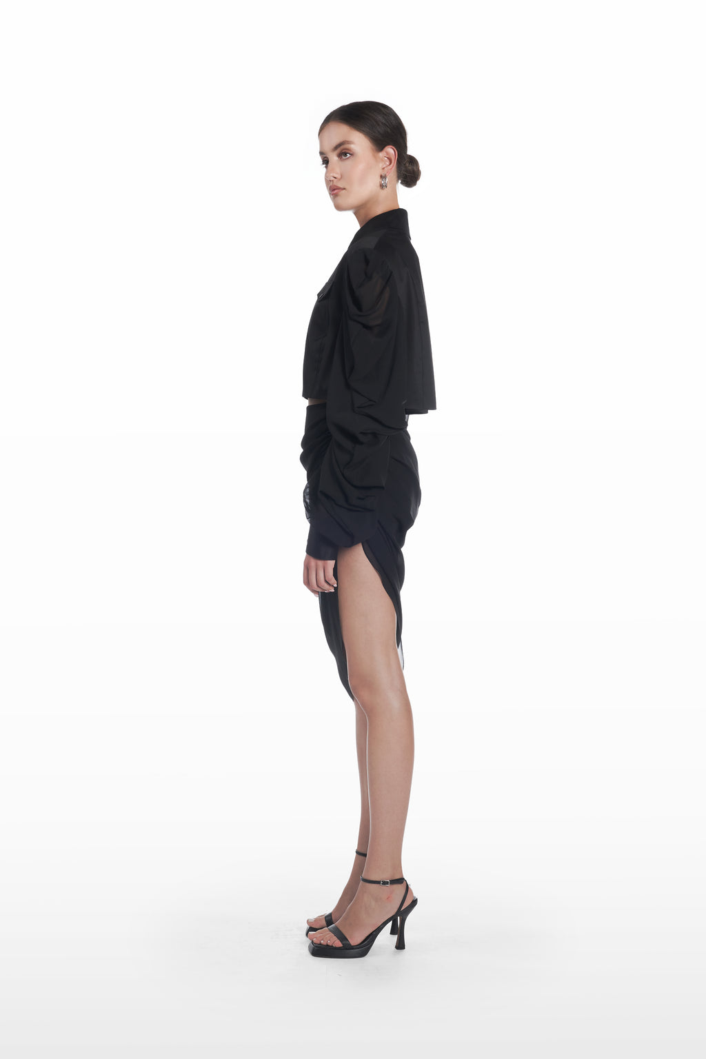 Palla Fringe Skirt in ivory, side view, asymmetric fringe skirt with sculptural drape