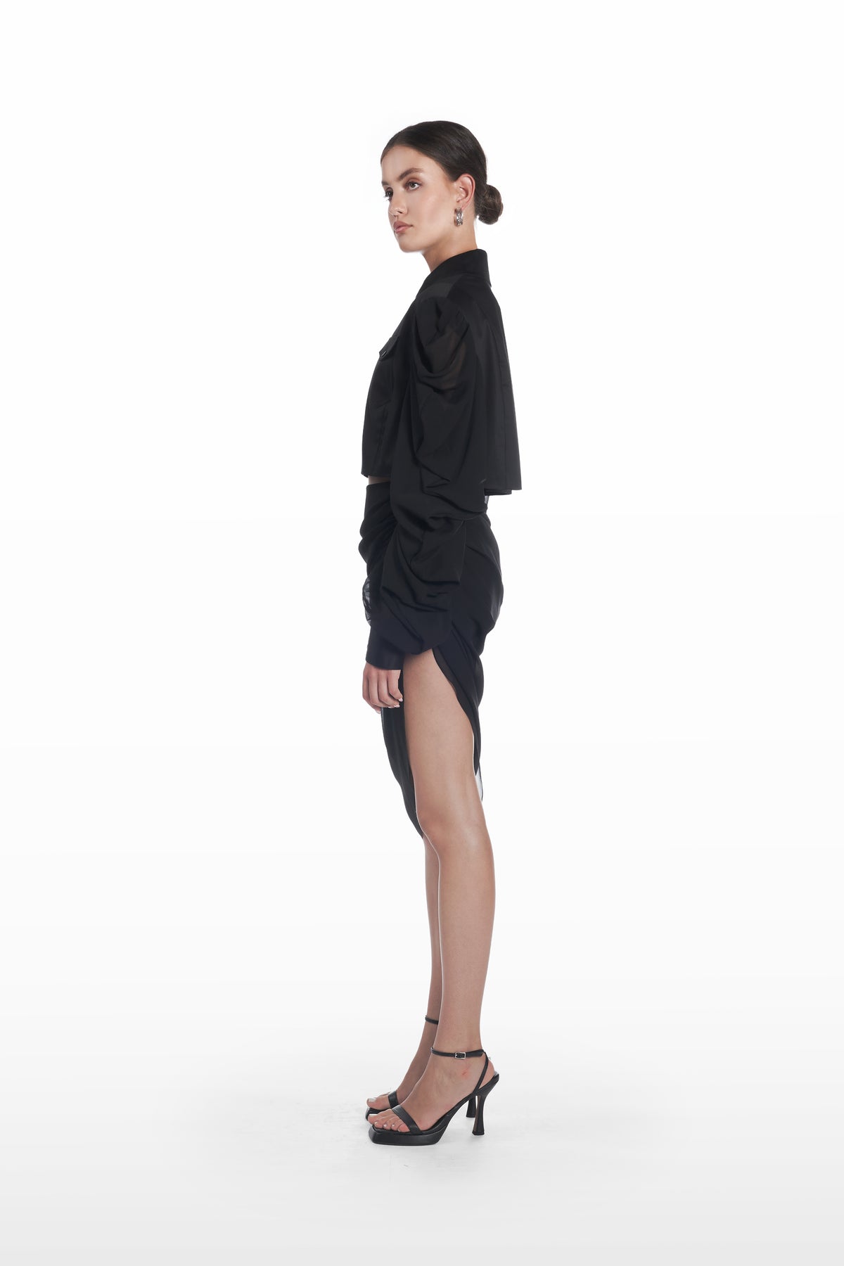 Palla Fringe Skirt in ivory, side view, asymmetric fringe skirt with sculptural drape