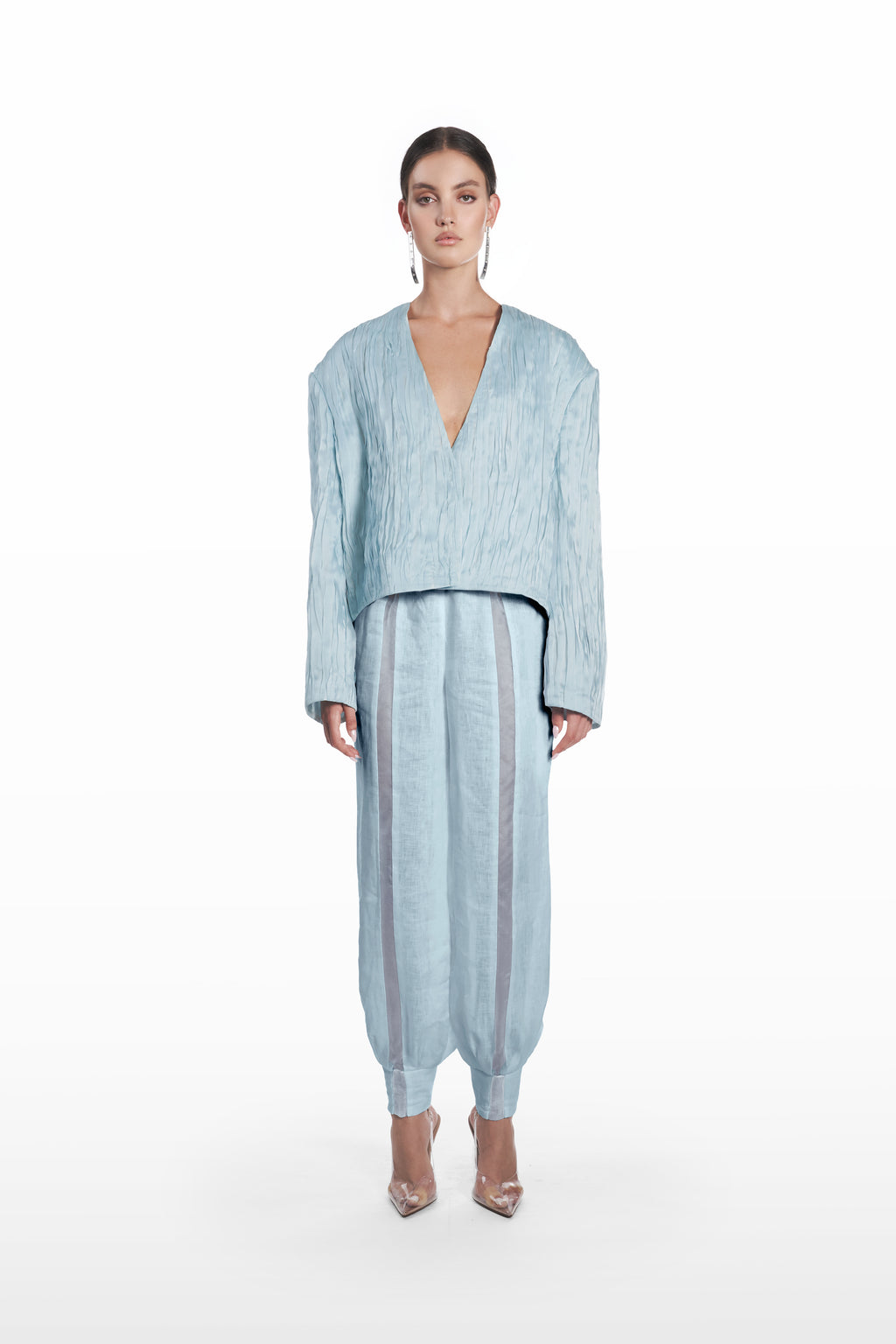 Oversize Crushed Organza Jacket in clear aqua silk organza, front view with deep V neckline, oversized silhouette, and crushed translucent texture