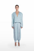 Oversize Crushed Organza Jacket in clear aqua silk organza, front view with deep V neckline, oversized silhouette, and crushed translucent texture