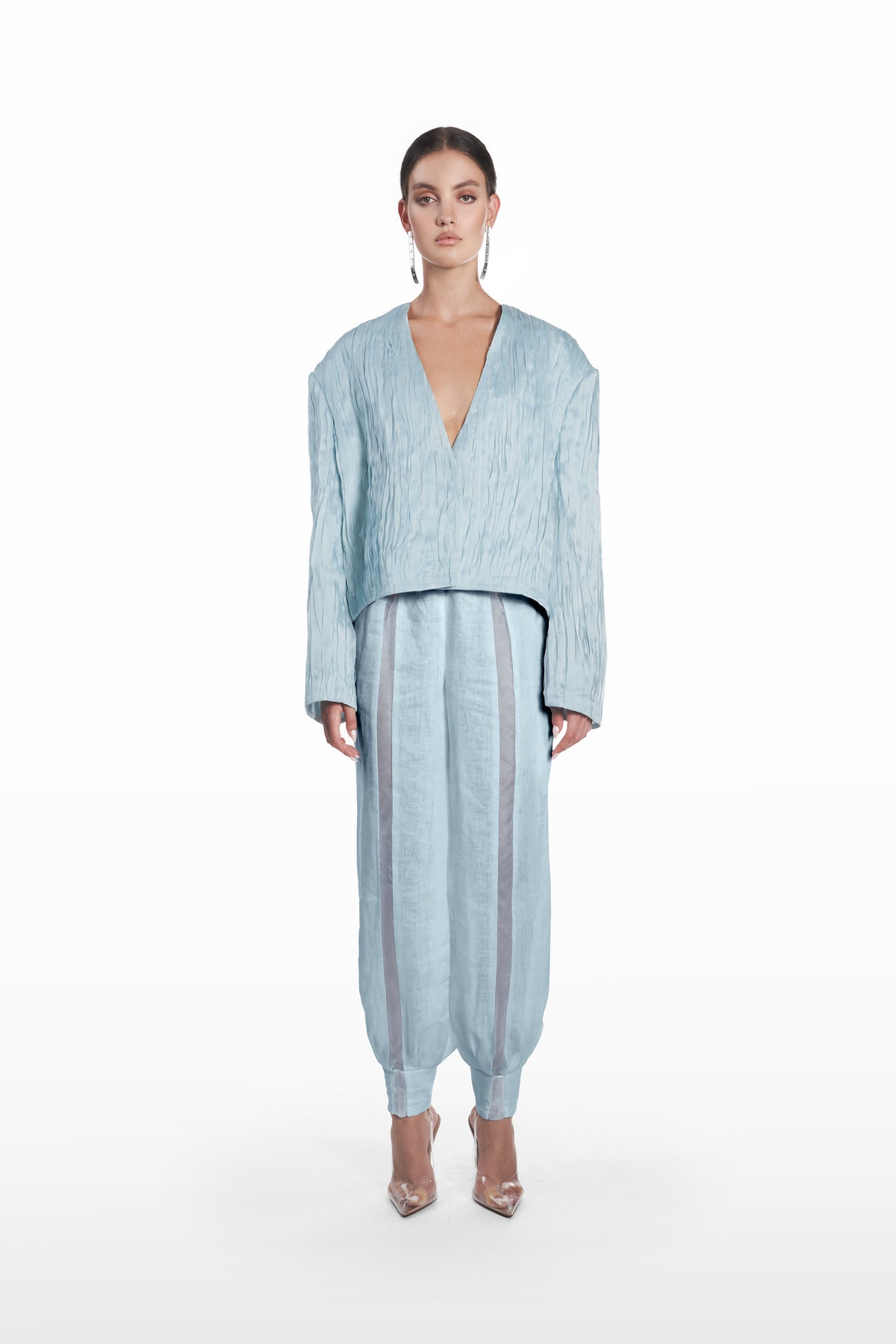Oversize Crushed Organza Jacket in clear aqua silk organza, front view with deep V neckline, oversized silhouette, and crushed translucent texture