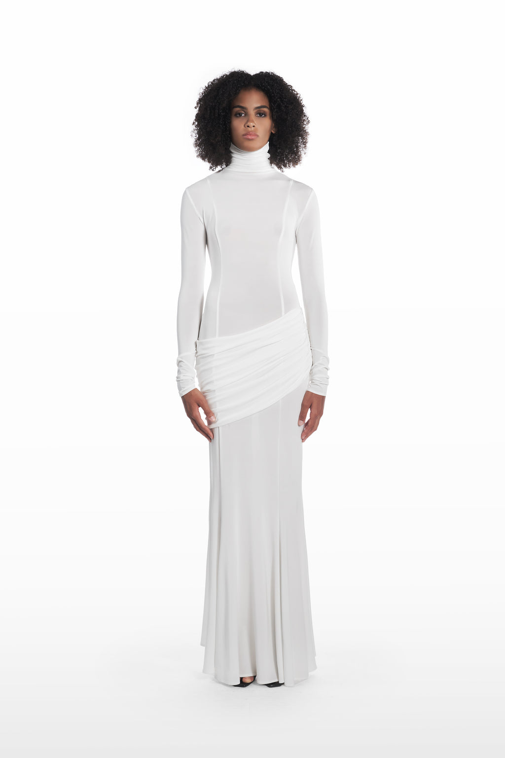 Long Palla Dress white viscose turtleneck maxi dress front view with draped hip detail