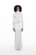 Long Palla Dress white viscose turtleneck maxi dress front view with draped hip detail