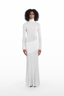 Long Palla Dress white viscose turtleneck maxi dress front view with draped hip detail