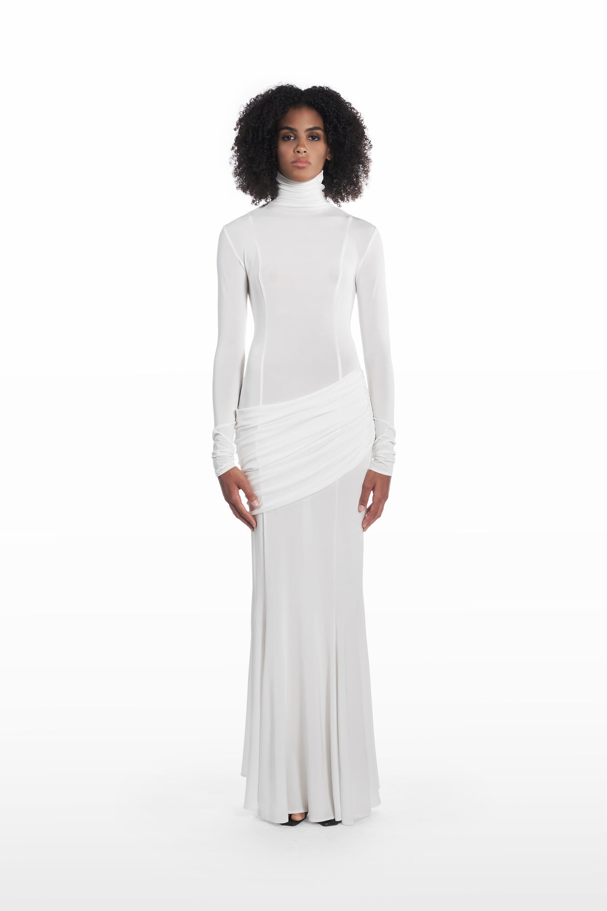 Long Palla Dress white viscose turtleneck maxi dress front view with draped hip detail