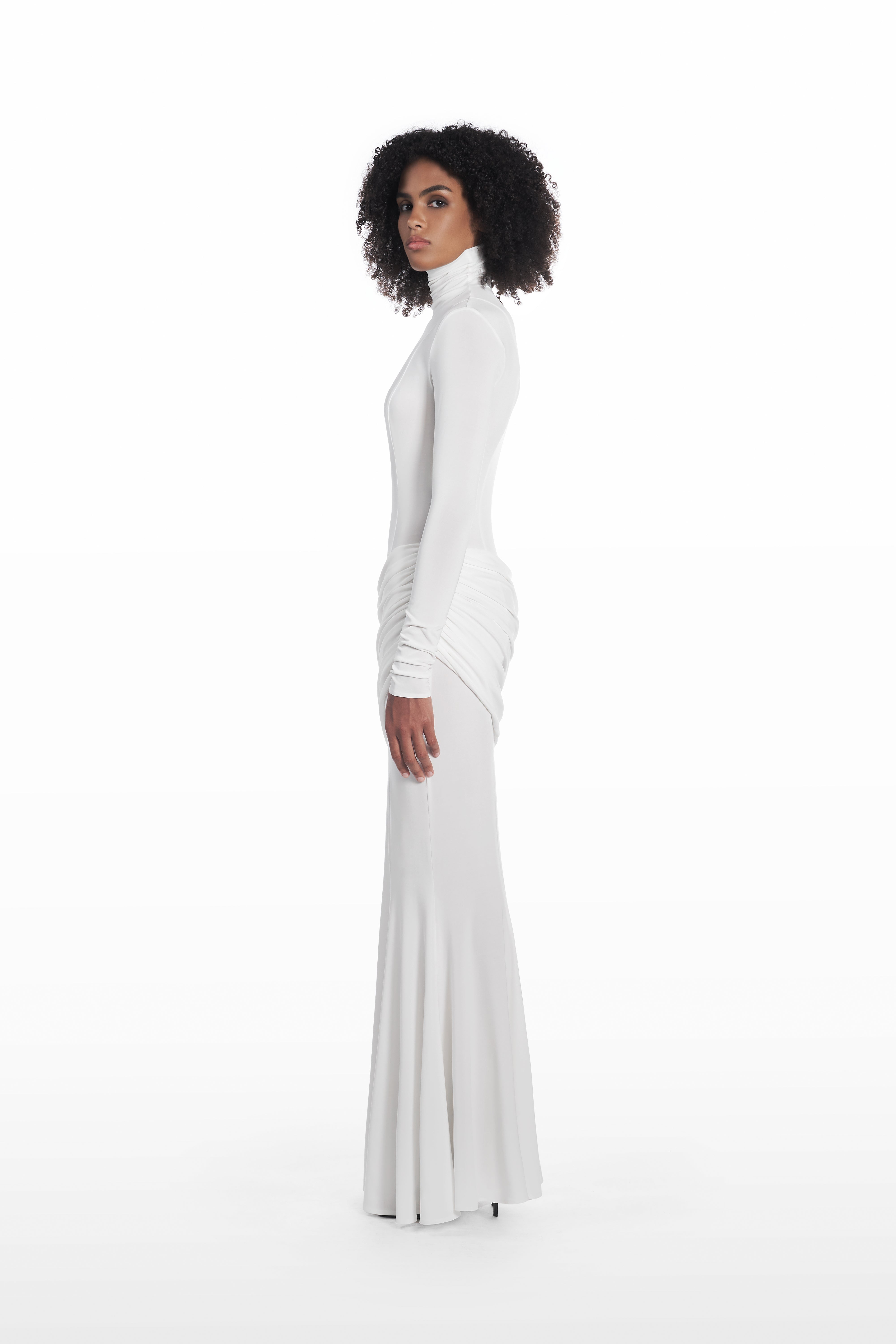 Long Palla Dress white viscose turtleneck gown side view with asymmetric draped panel
