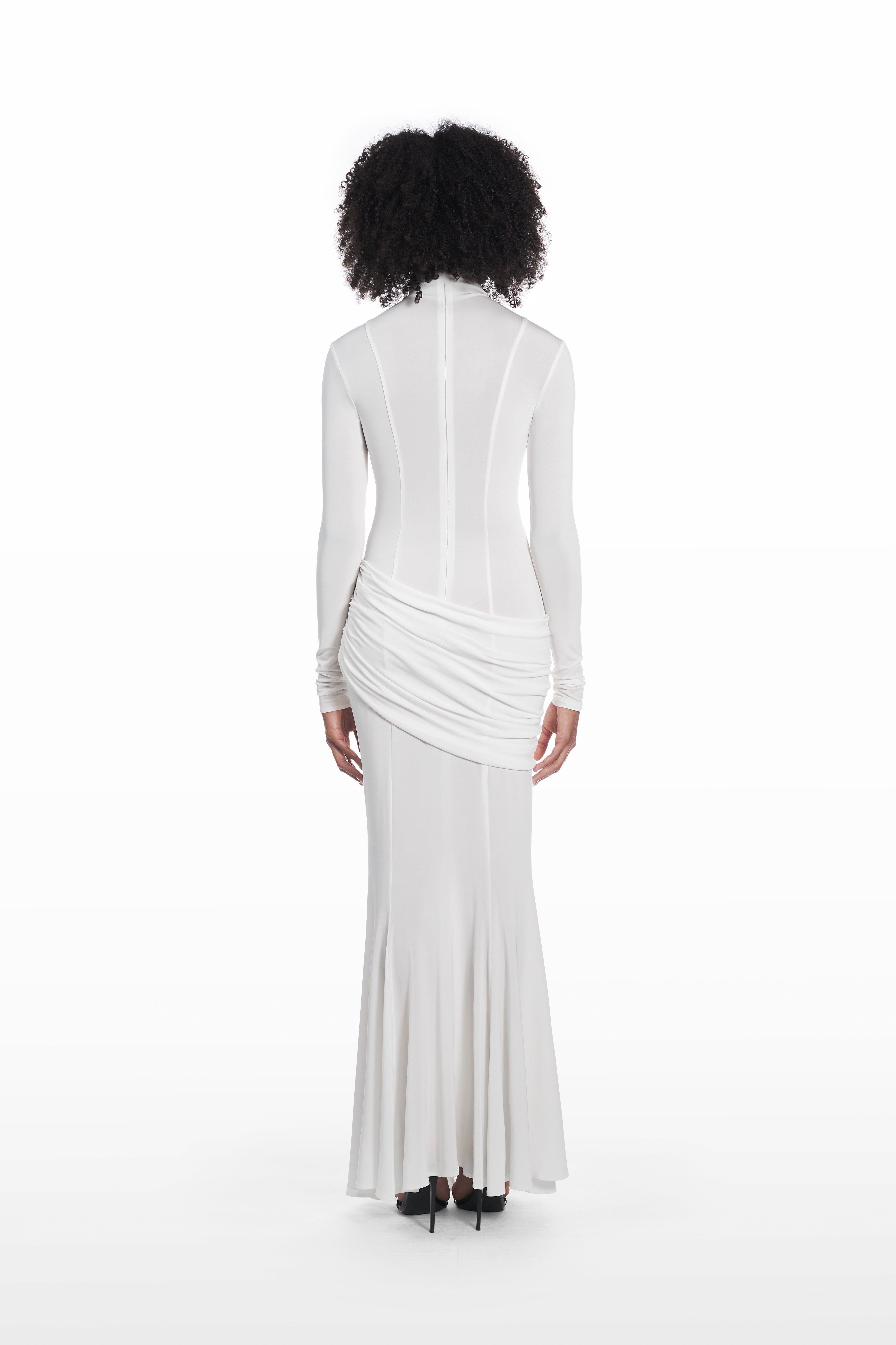 Long Palla Dress white viscose full-length dress back view with sculpted silhouette