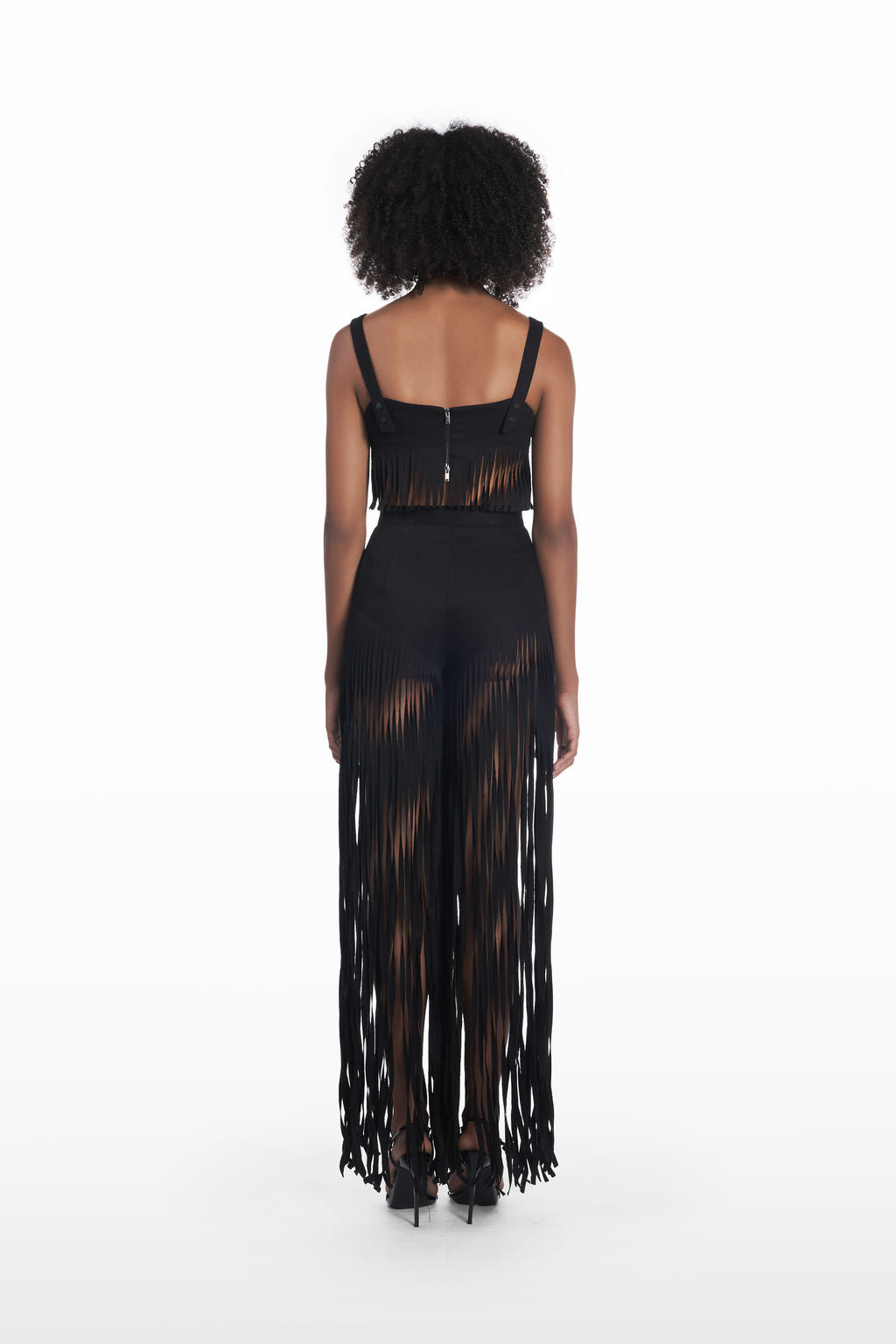 Denim Fringe Trousers in black, back view, full-length fringe and sculptural fit