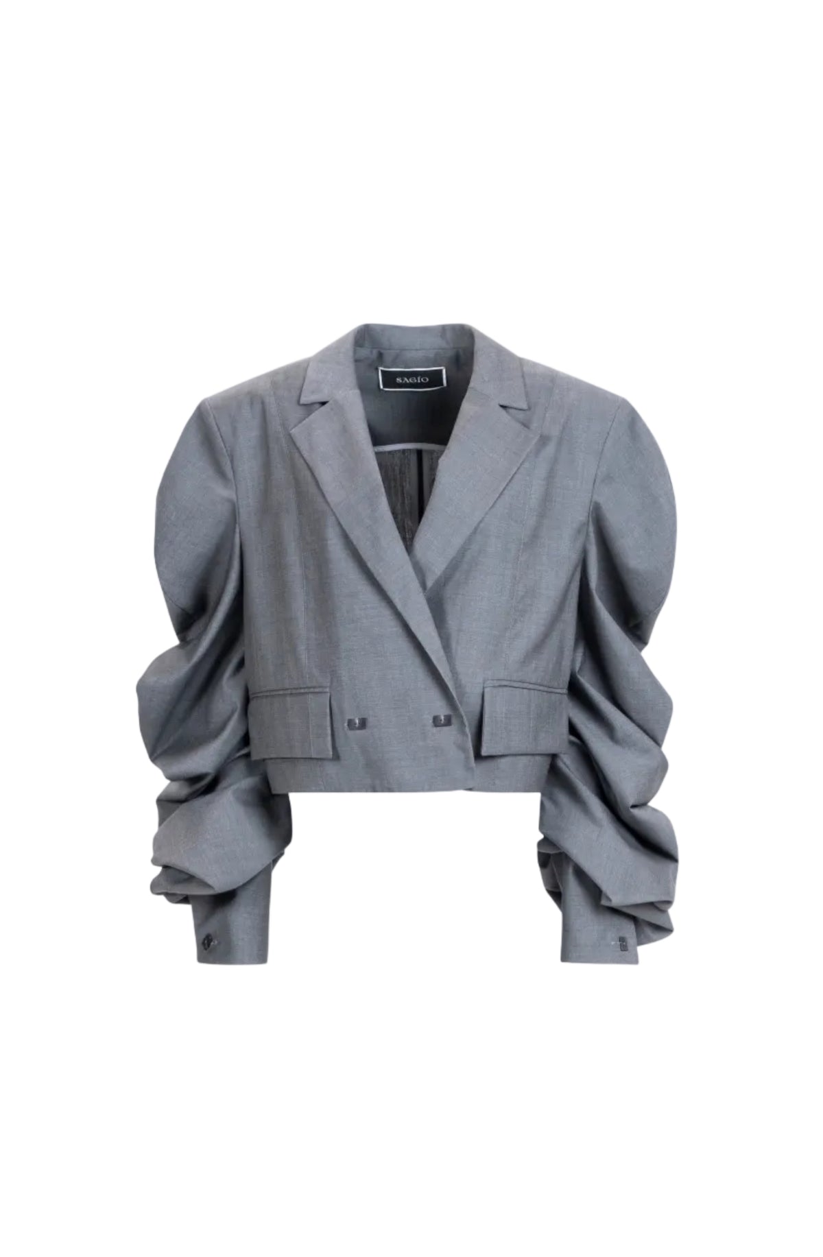 Women’s gray cropped blazer with ruched sleeves, notched lapels and flap pockets