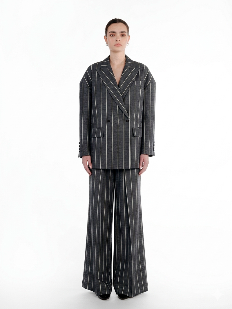 Deep Folds Stripes Palazzo in Charcoal Grey, front view, oversized striped palazzo trousers in virgin wool with elongated wide-leg silhouette.