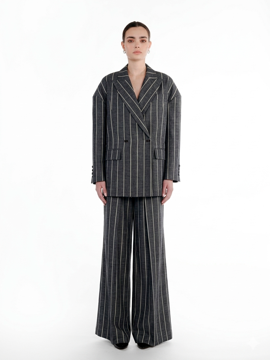 Deep Folds Stripes Palazzo in Charcoal Grey, front view, oversized striped palazzo trousers in virgin wool with elongated wide-leg silhouette.