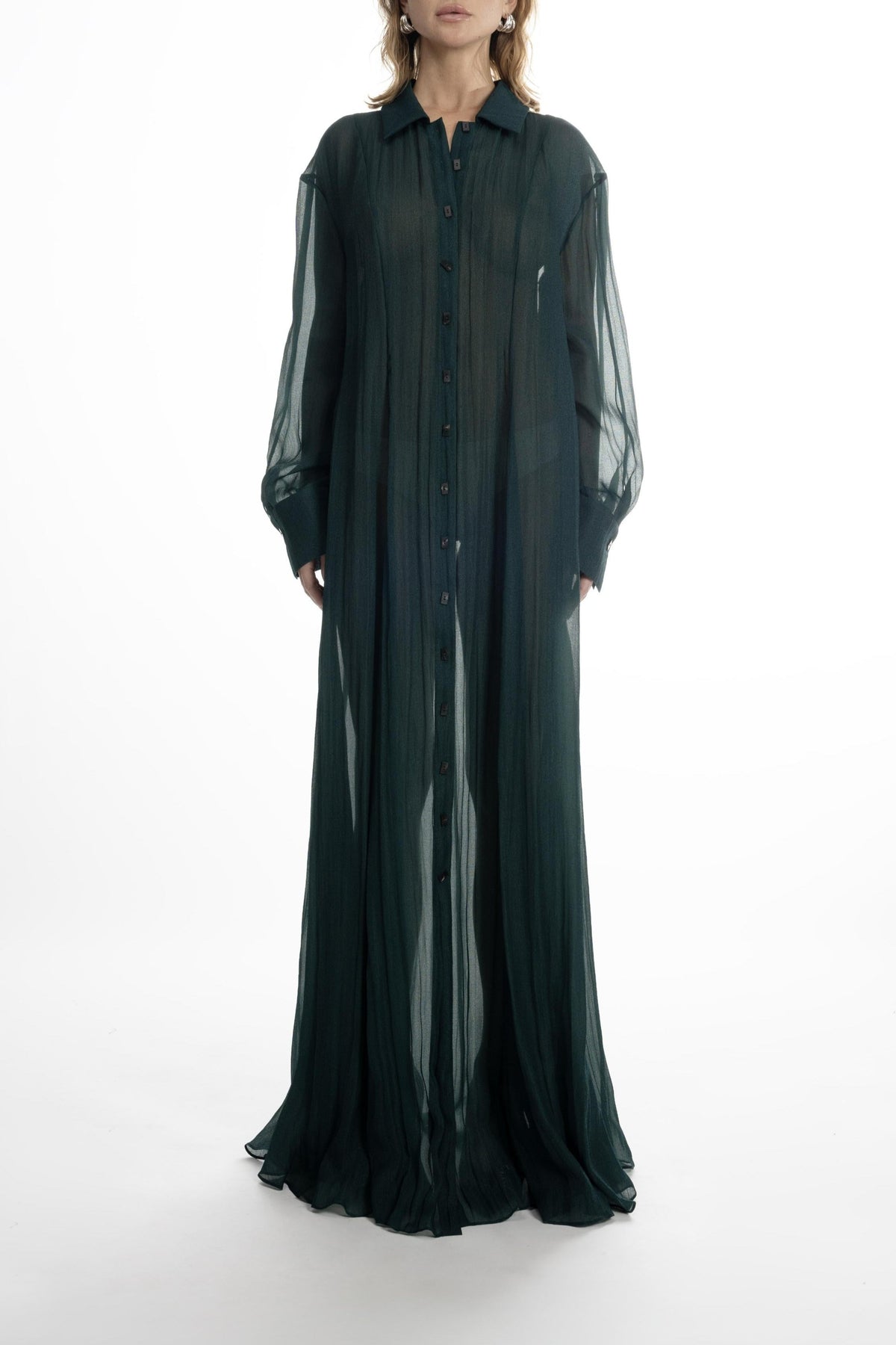 Deep green 100% silk long shirt dress, button-front, spread collar, maxi length, relaxed flowing silhouette.