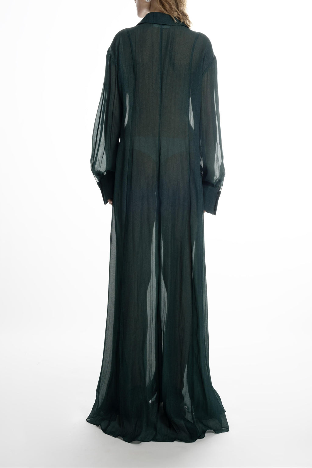 Deep green silk long shirt dress, maxi length with airy, semi-sheer finish. Back view