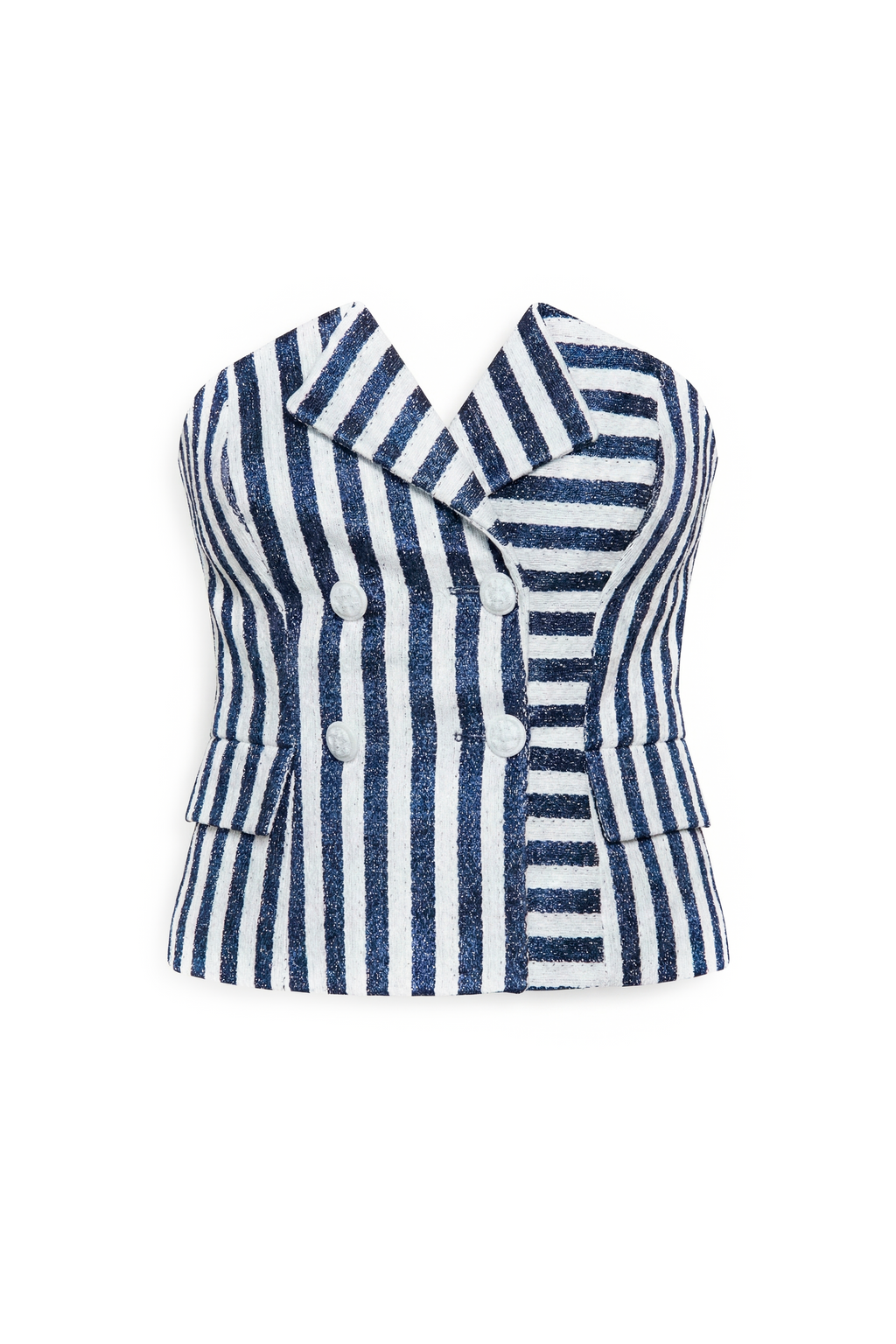 Double Breasted Stripped Raffia Corset in black white stripes styled with blue panel trousers, full-length front studio view