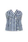 Double Breasted Stripped Raffia Corset in black white stripes styled with blue panel trousers, full-length front studio view