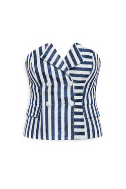 Double Breasted Stripped Raffia Corset in black white stripes styled with blue panel trousers, full-length front studio view