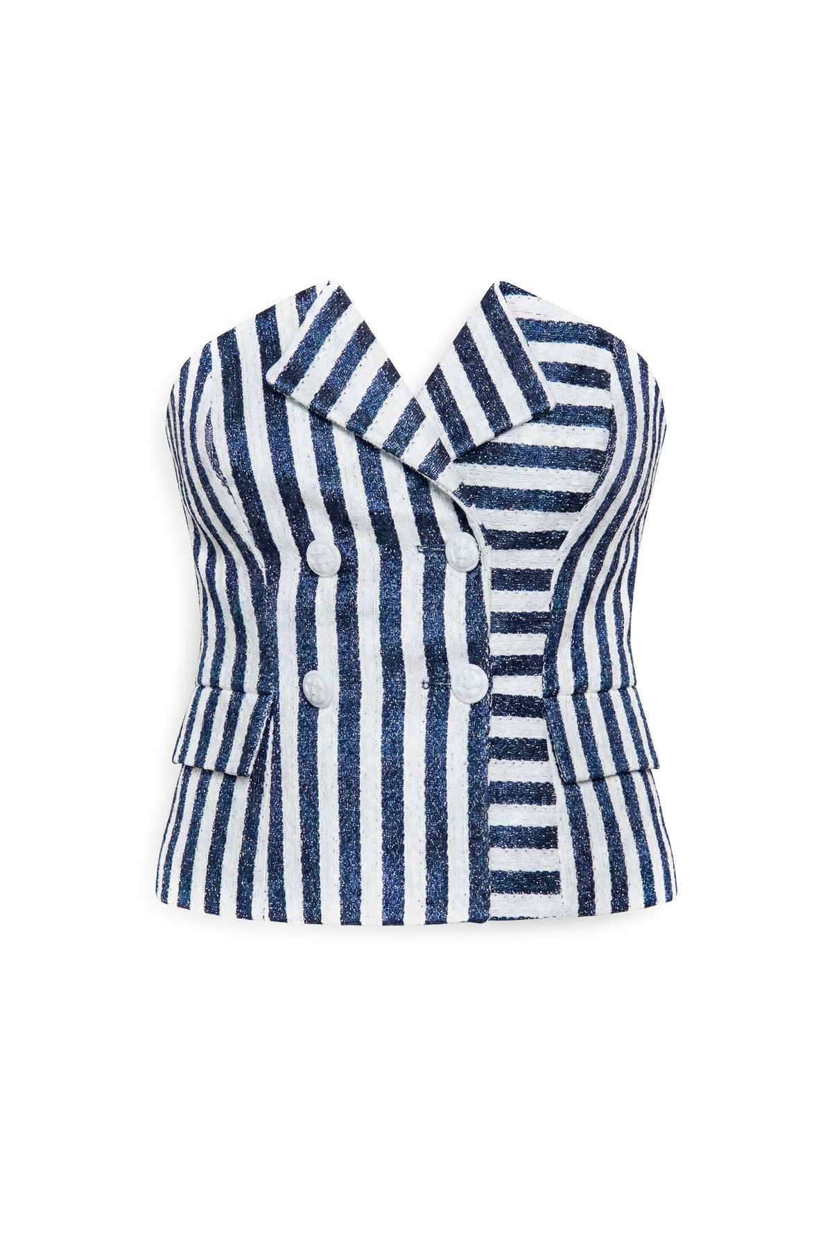 Double Breasted Stripped Raffia Corset in black white stripes styled with blue panel trousers, full-length front studio view