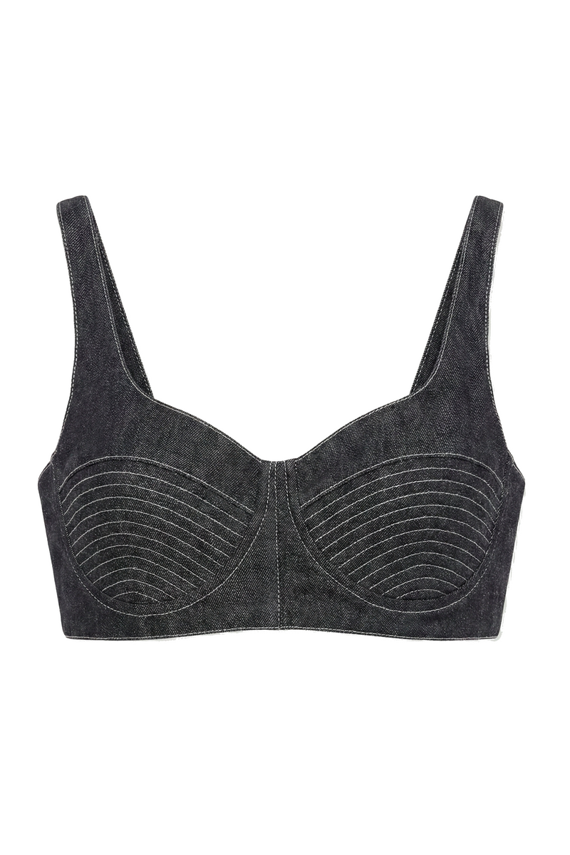 Front product shot of SAGIO Quilted Denim Top in dark denim with sculpted quilted cups and seam detail