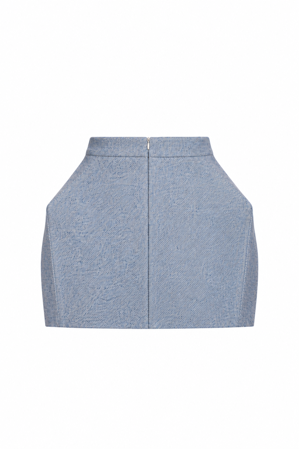 A light blue textured mini skirt with a high waistband and a central front zipper, shown flat against a plain white background.