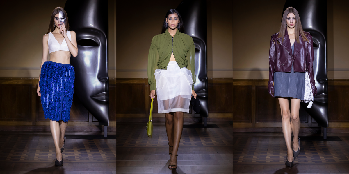Three fashion runway photos showing models walking in a runway show. The left model wears a white crop top and a bright blue sequined skirt.