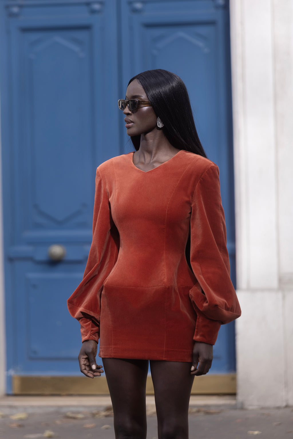 Naomi Couture Short Dress terracotta velvet mini dress side view on model