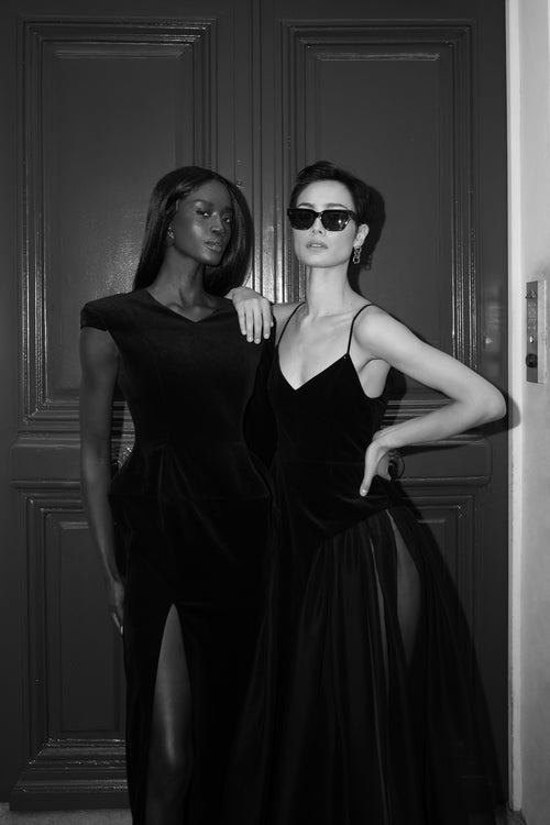 Adele Couture Dress black velvet and sheer silk gown close view on mode