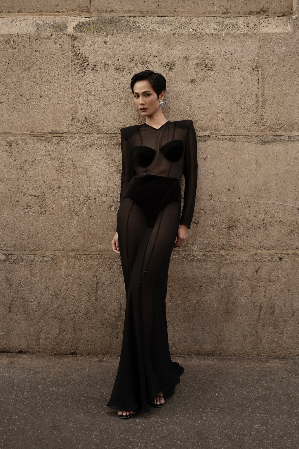 Viktoria Long Dress black sheer silk gown front view on model