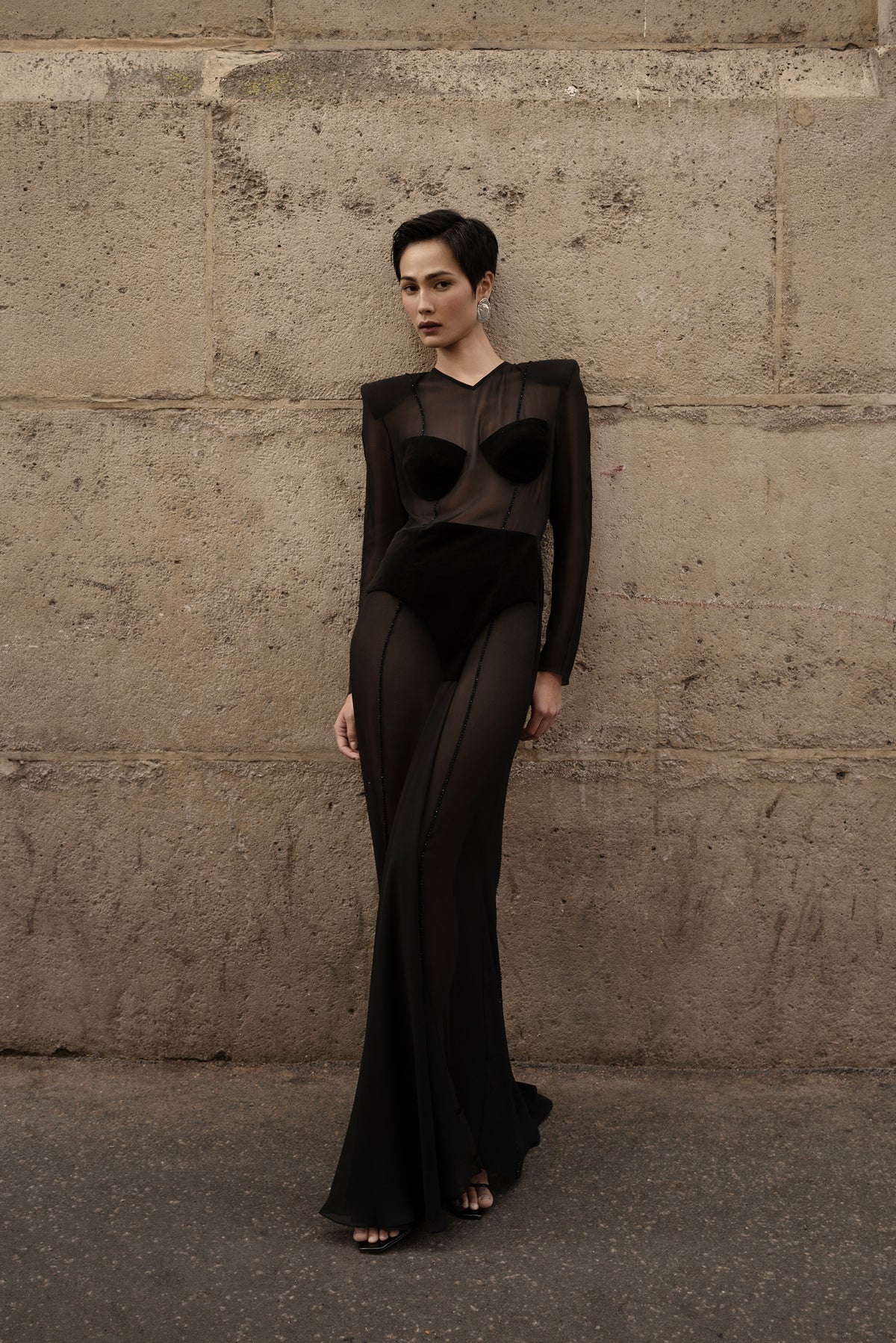 Viktoria Long Dress black sheer silk gown front view on model