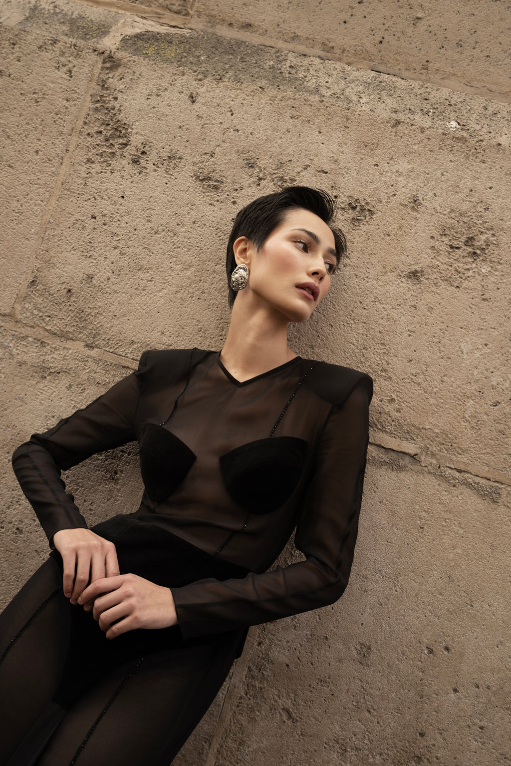 Viktoria Long Dress black sheer silk gown bodice detail on model