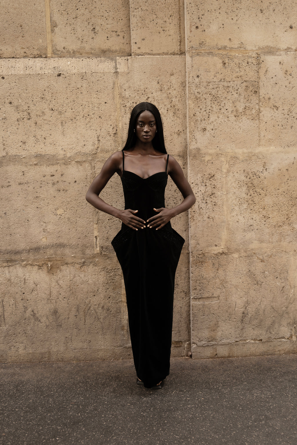 Blake Long Dress black floor-length gown front view on model