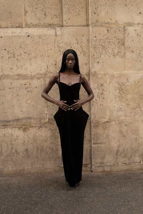 Blake Long Dress black floor-length gown front view on model