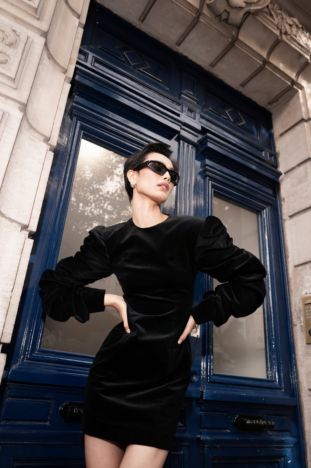 Cindy Demi-Couture Short Dress black velvet mini dress three-quarter view on model