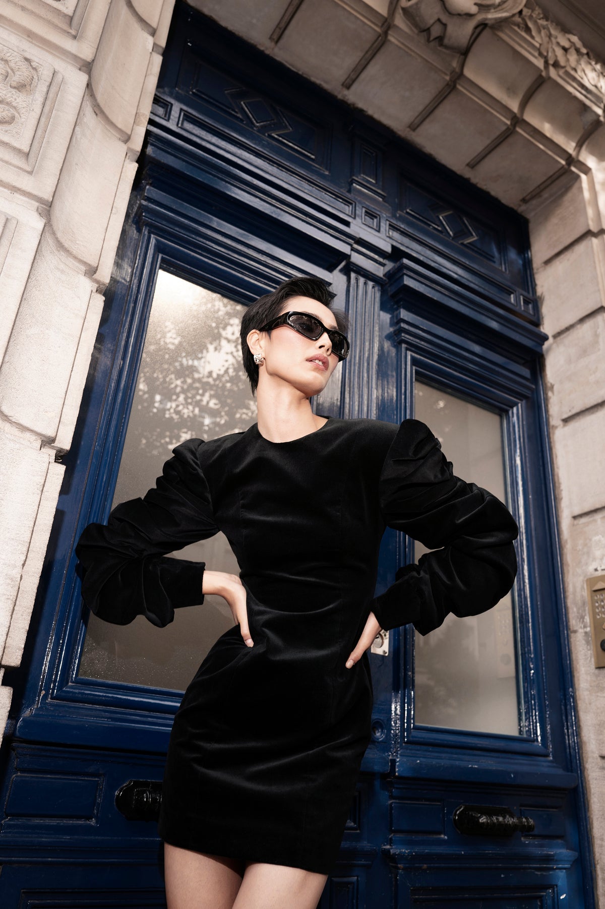 Cindy Demi-Couture Short Dress black velvet mini dress three-quarter view on model