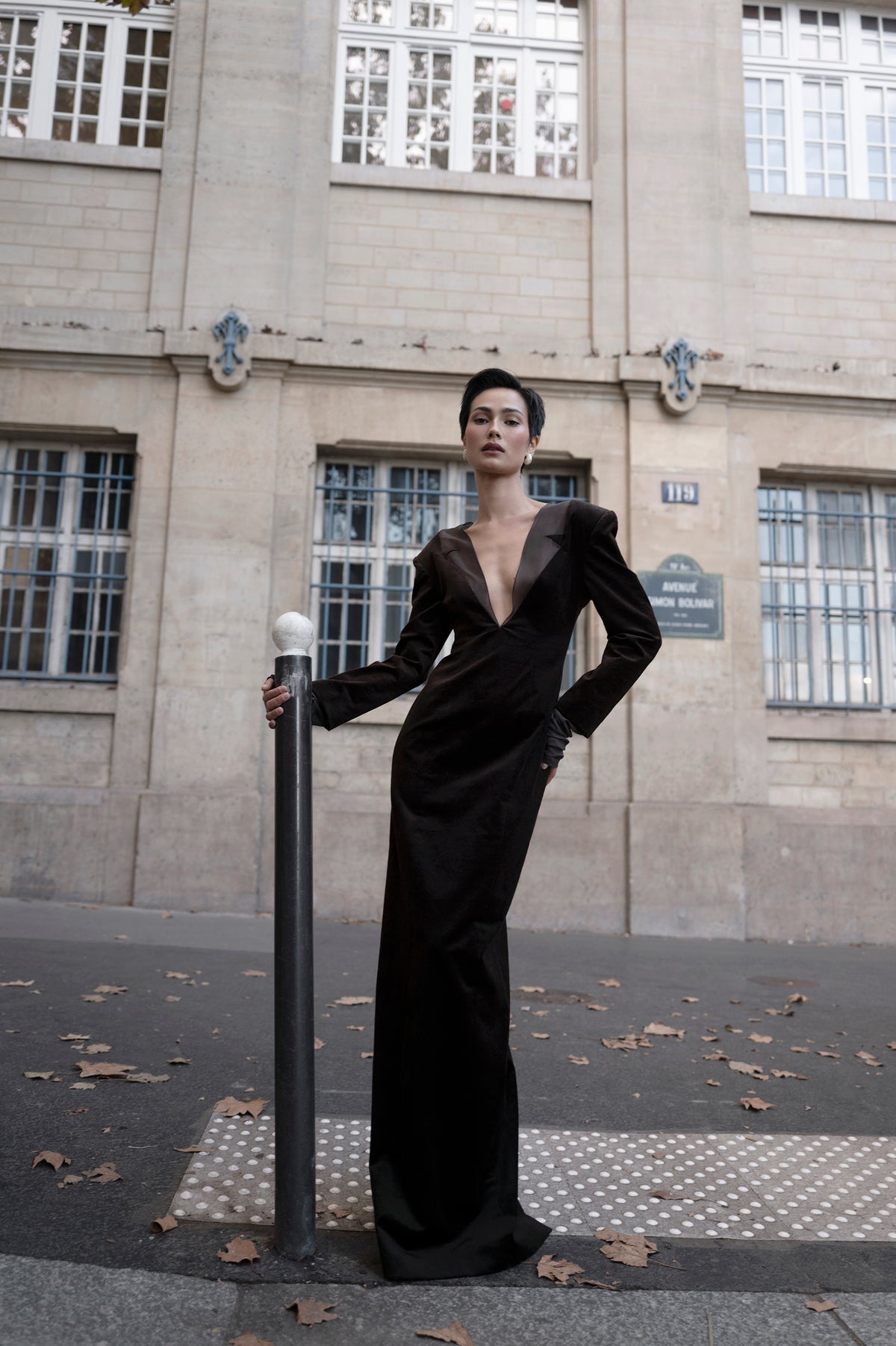 Full-length front view, floor-length brown dress with deep V neckline and long sleeves