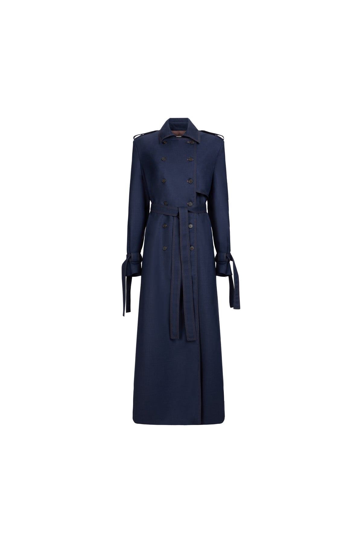 A navy blue double-breasted trench coat with a matching waist tie belt, displayed on a clean white background.