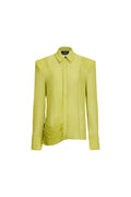 A lime green long-sleeve button-up shirt with structured shoulders and a unique gathered, pleated front hem detail.