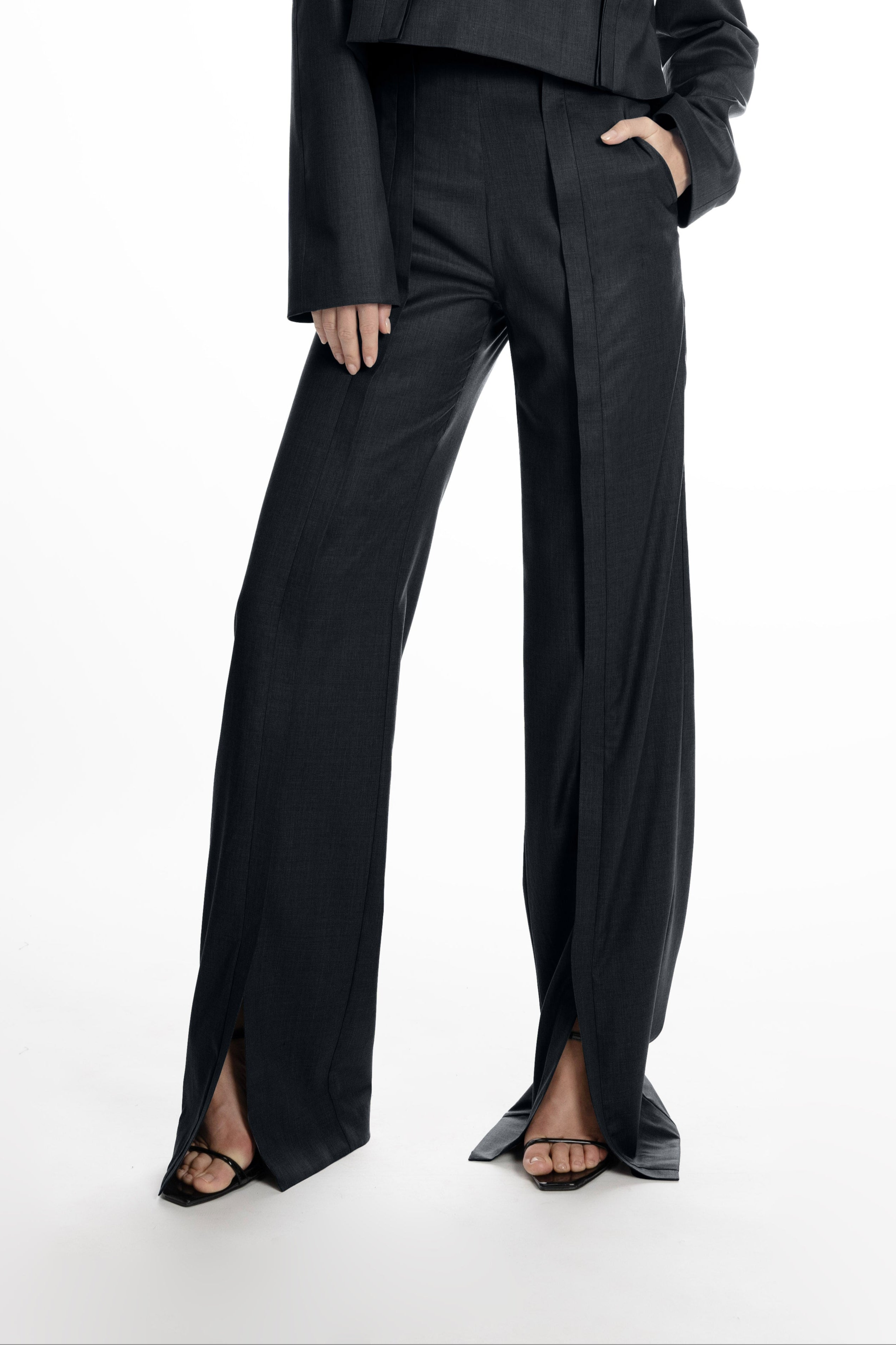 Dark grey Placket Trousers with Slits - structured leg with placket detail; paired with cropped jacket