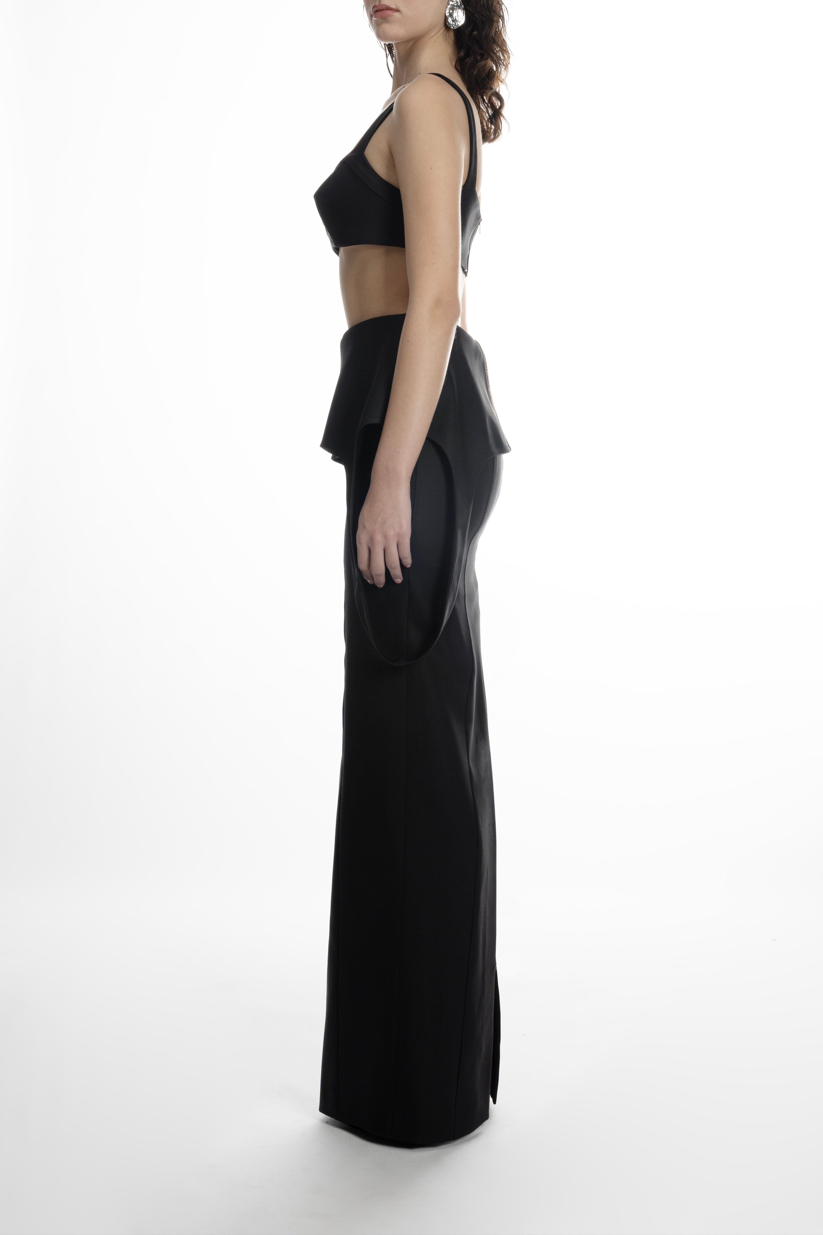 Draped peplum detail on black wool-blend maxi skirt