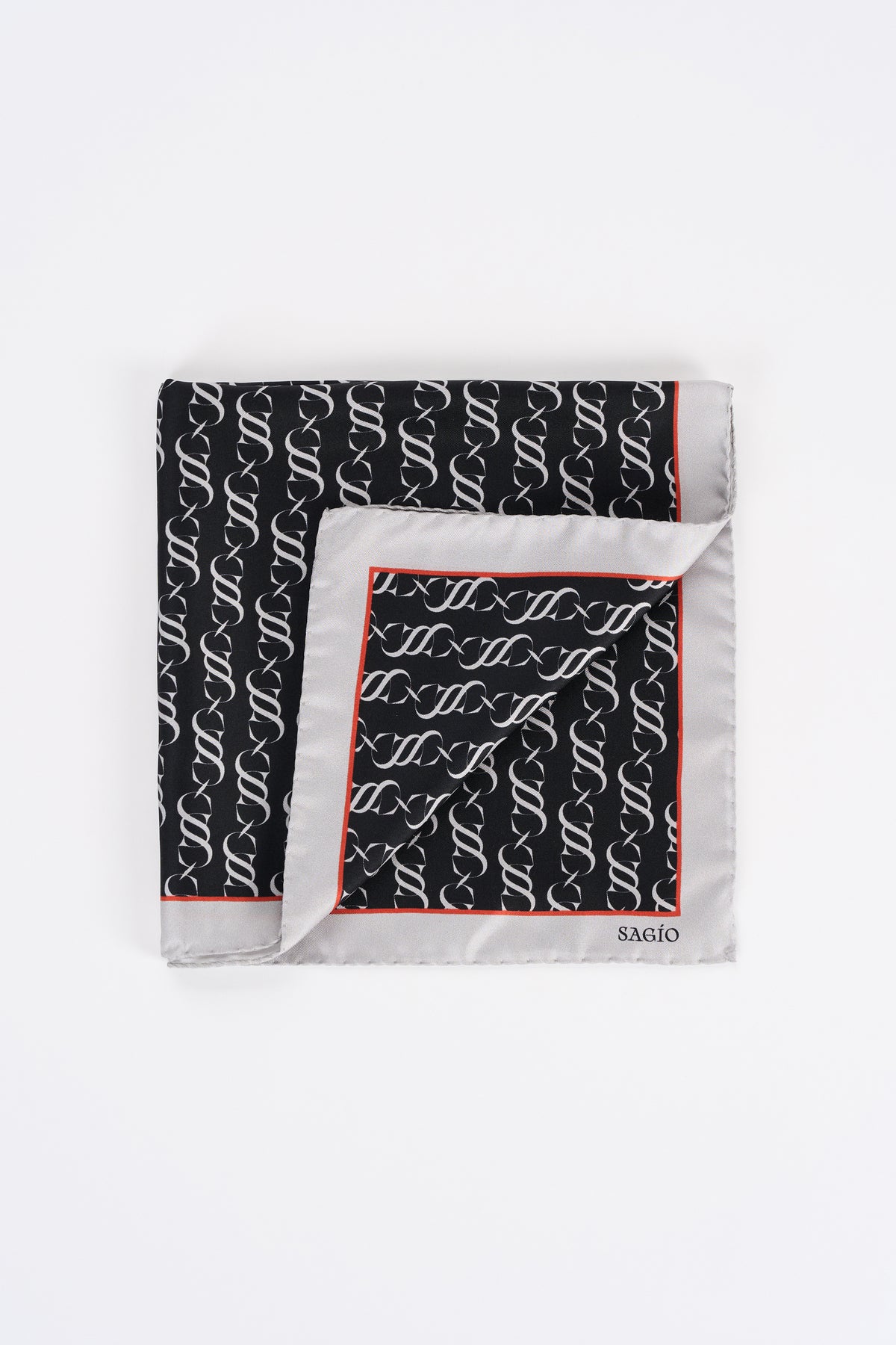 Graphite twill silk carré scarf with white monogram print and red border accent