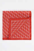 Vermilion red twill silk Grand Carré scarf with white monogram print and border detail