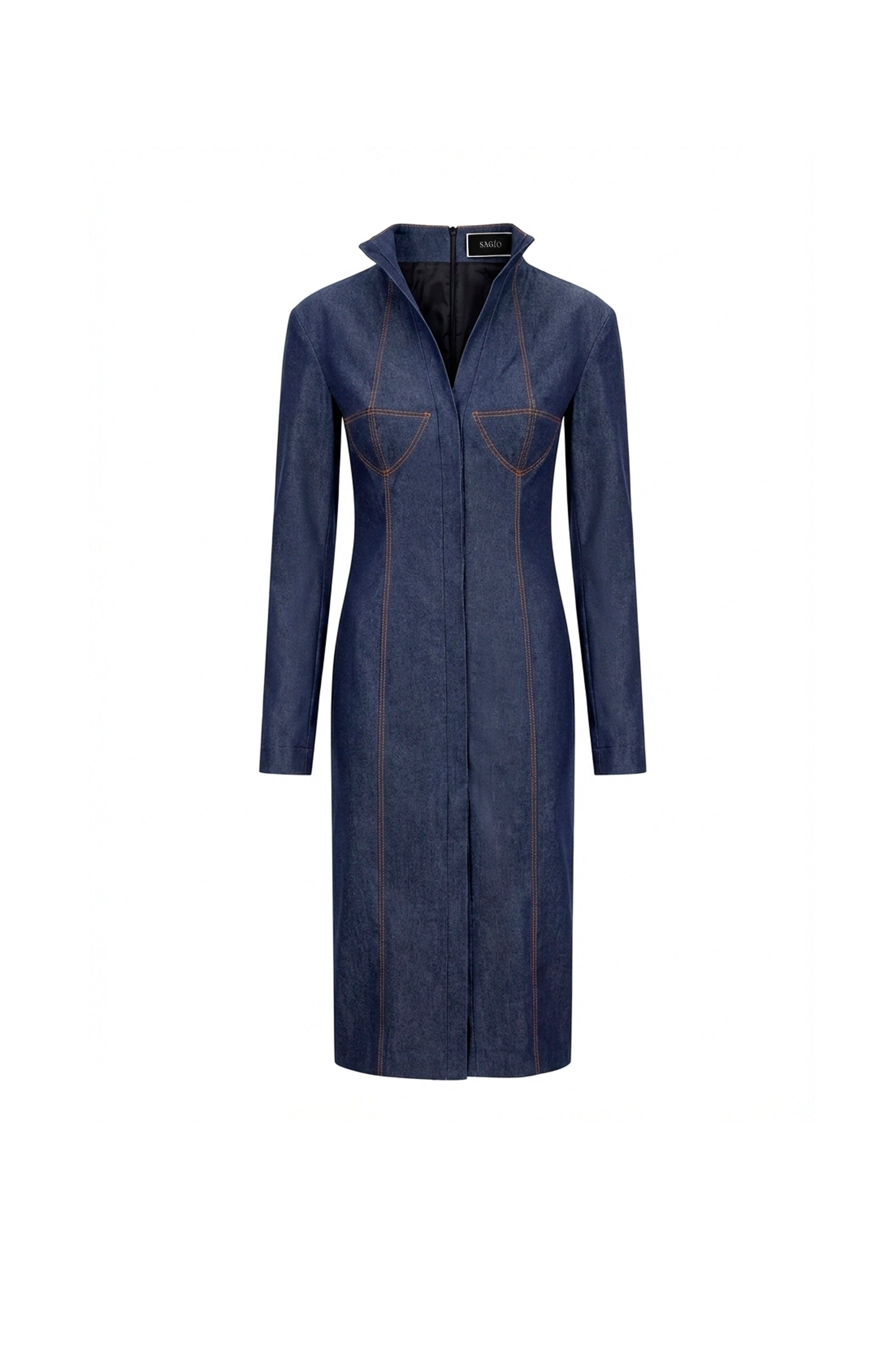 Women’s denim wool midi dress with bustier seams and front vent