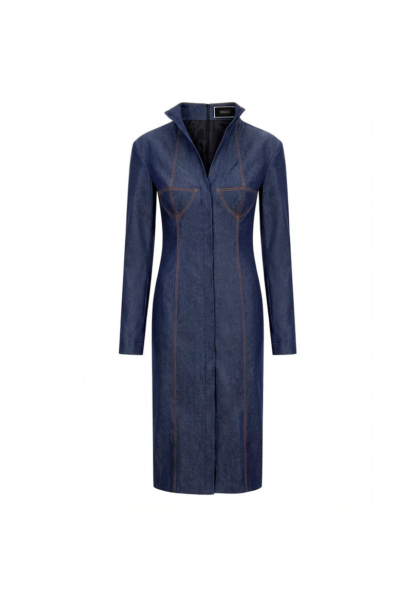 Women’s denim wool midi dress with bustier seams and front vent