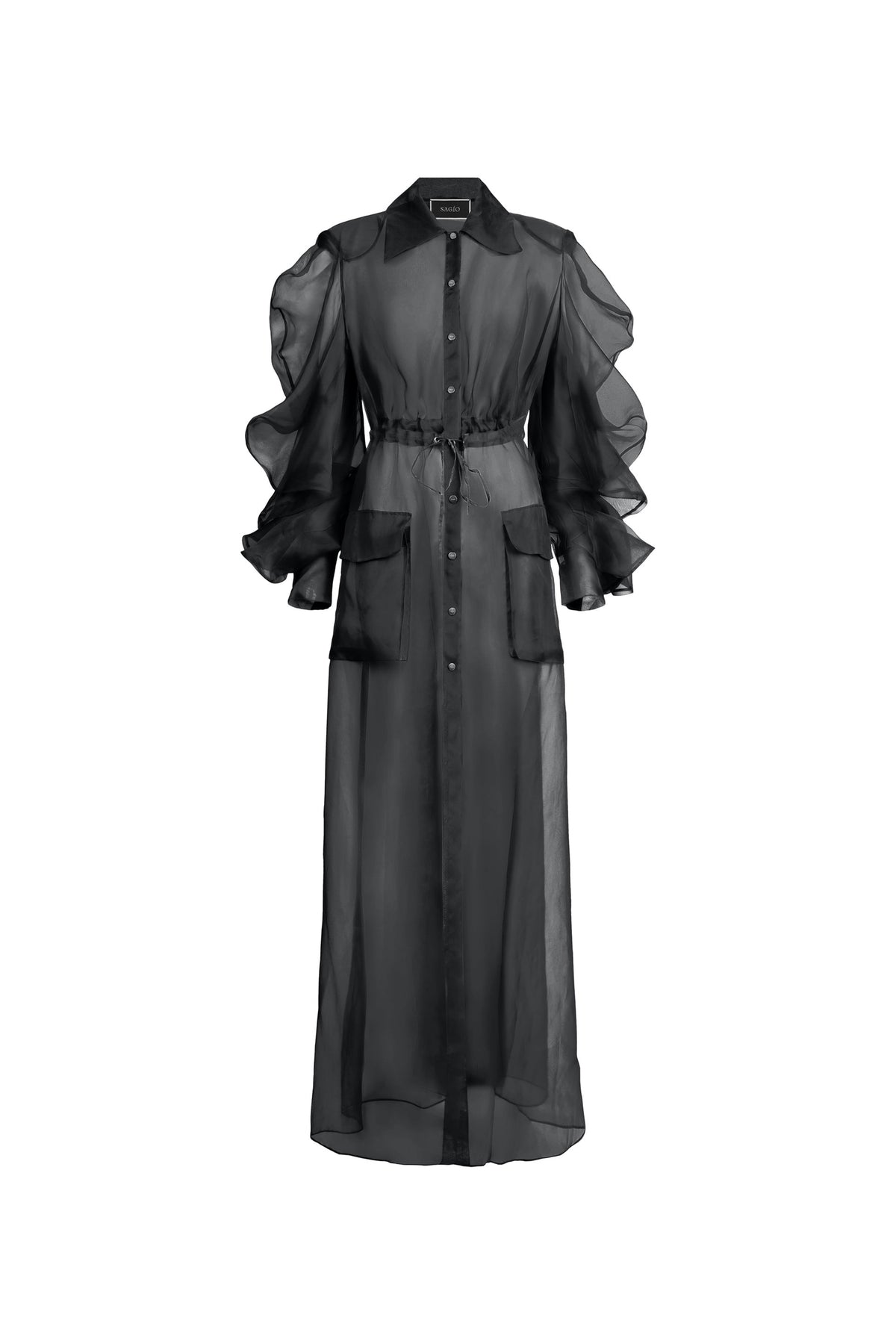 Long black dress with sheer sleeves | Trench coat