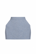 A light blue heathered knit mini skirt with a structured, slightly flared silhouette and a high waistband, shown flat against a solid white background.