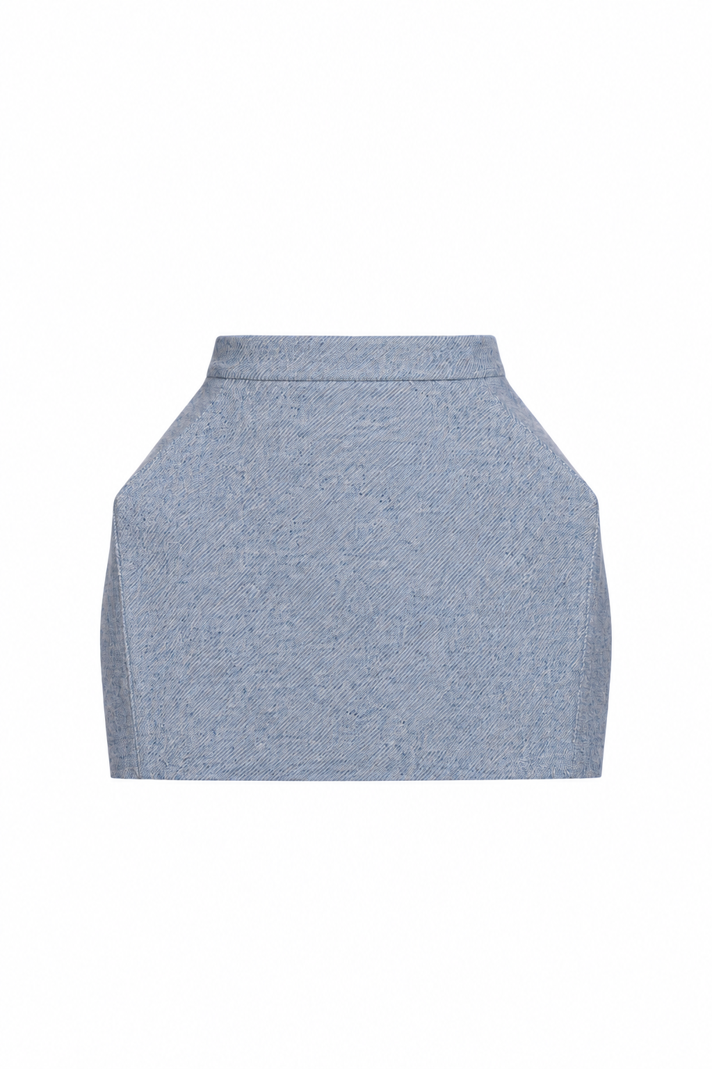 A light blue heathered knit mini skirt with a structured, slightly flared silhouette and a high waistband, shown flat against a solid white background.
