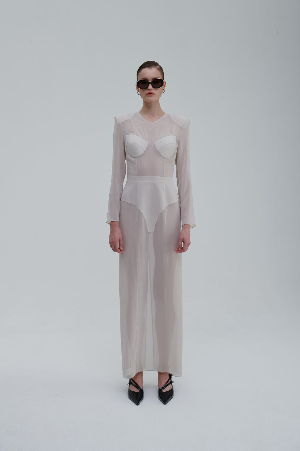 Underwear Application Dress in ivory sheer silk, front view with sculpted cups and padded shoulders