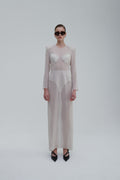 Underwear Application Dress in ivory sheer silk, front view with sculpted cups and padded shoulders