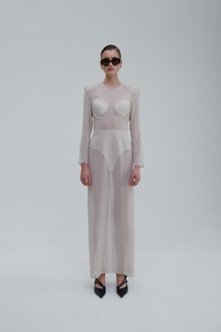 Underwear Application Dress in ivory sheer silk, front view with sculpted cups and padded shoulders