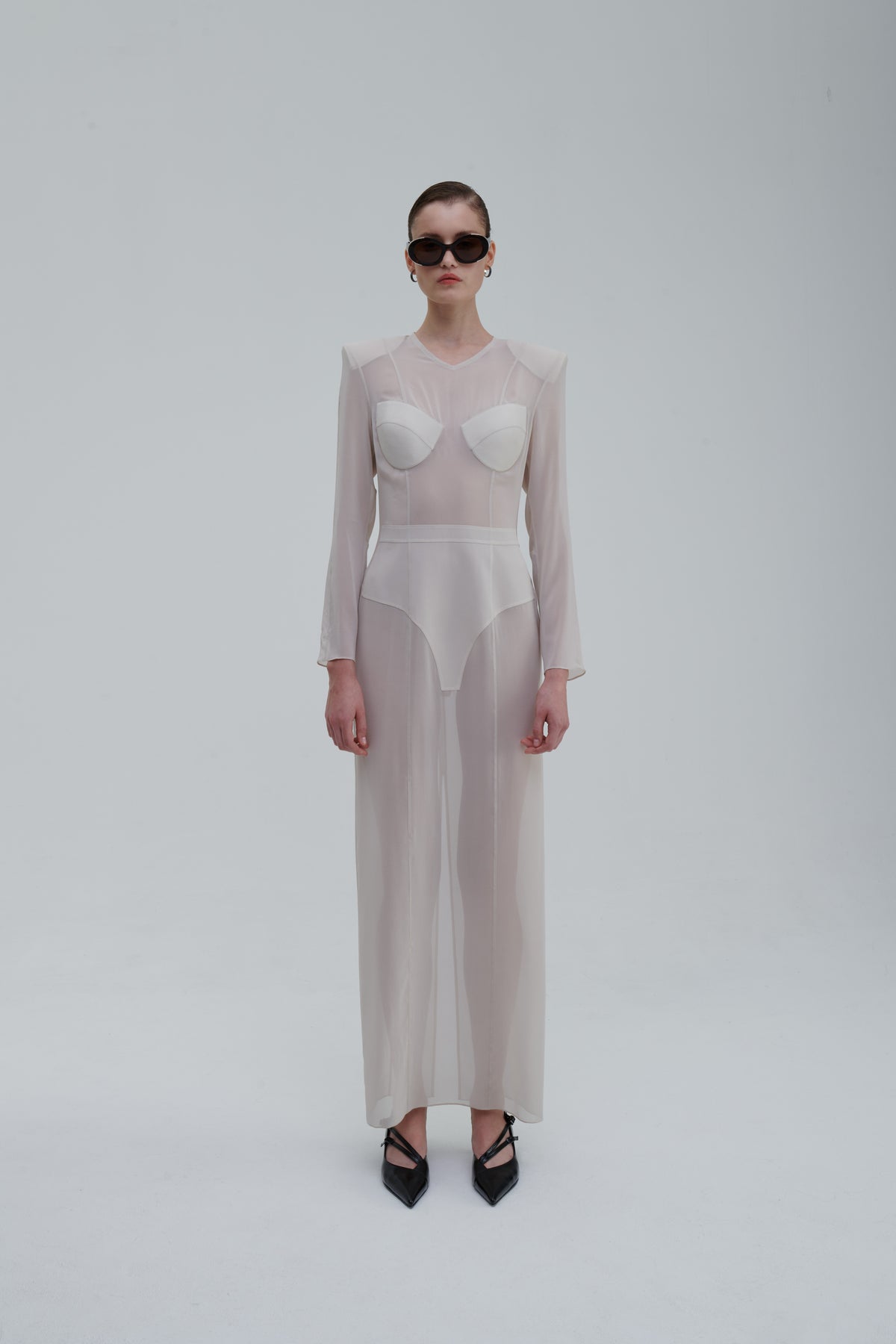Underwear Application Dress in ivory sheer silk, front view with sculpted cups and padded shoulders