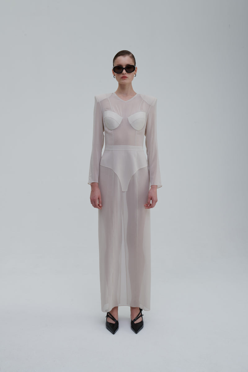 Underwear Application Dress in ivory sheer silk, front view with sculpted cups and padded shoulders